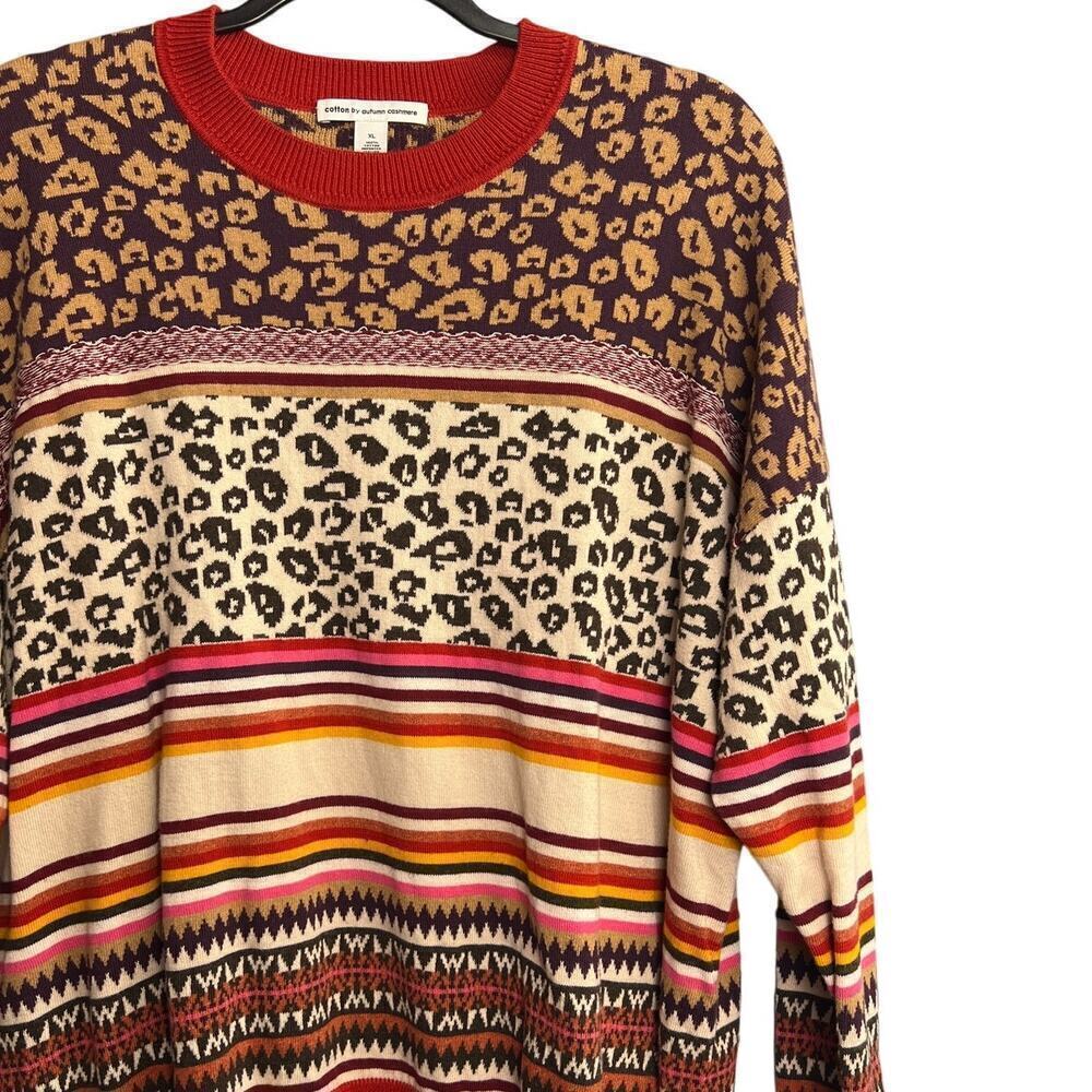 Cotton by Autumn Cashmere Leopard Fairisle Crew Neck Sweater Size XL - Picture 2 of 6